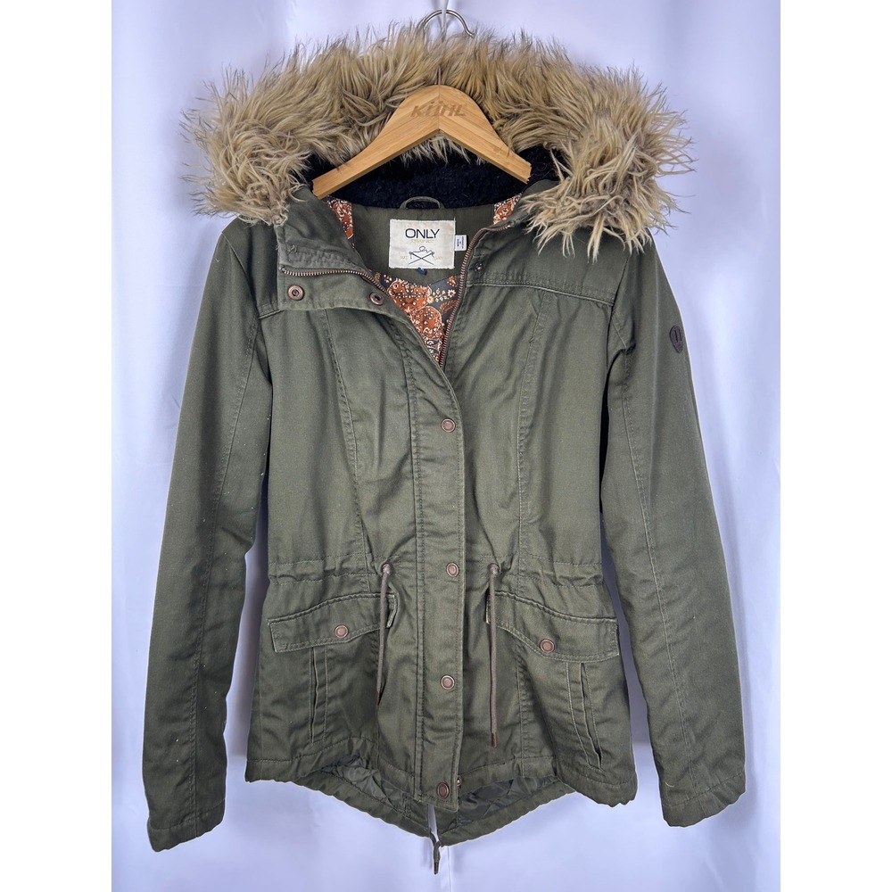 ONLY Kate Short Canvas Parka Olive Green Faux Fur Hood Utility Jacket Size M